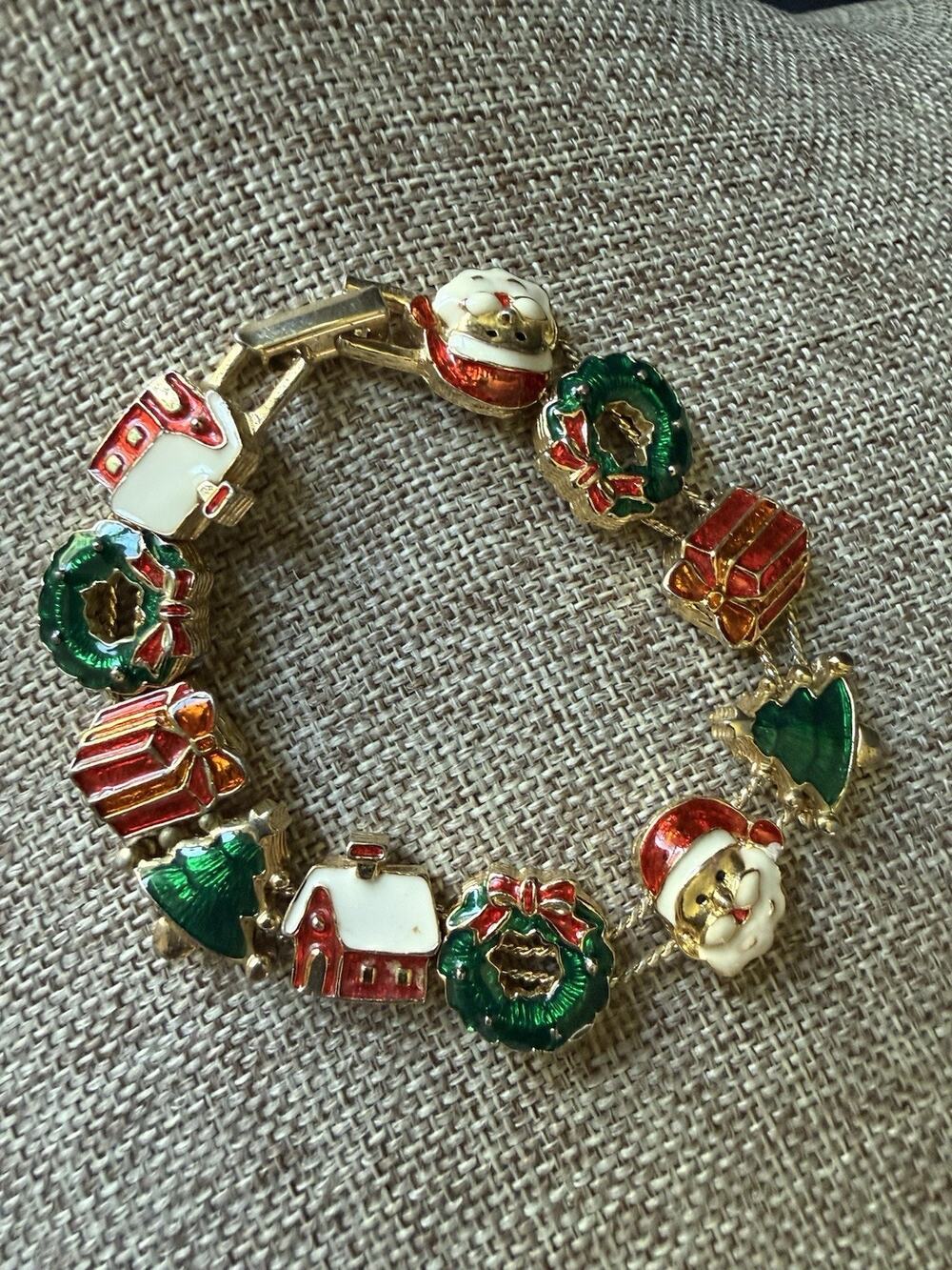 Vintage Christmas Slide Bracelet Enamel Station Santa Charms Gold Tone Holiday